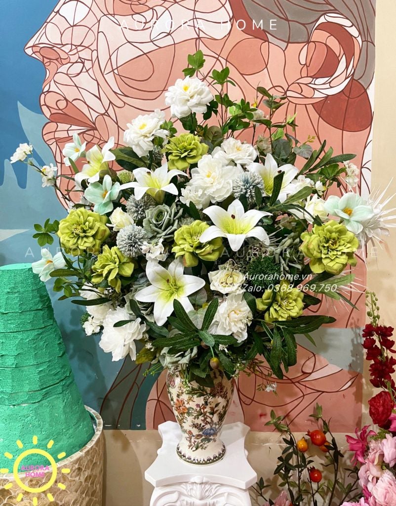 Bình hoa lụa cắm sẵn White Beauty sang trọng