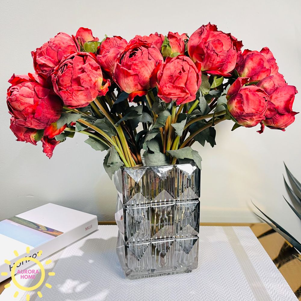 Bình hoa giả để bàn mẫu đơn Tendis sắc đỏ