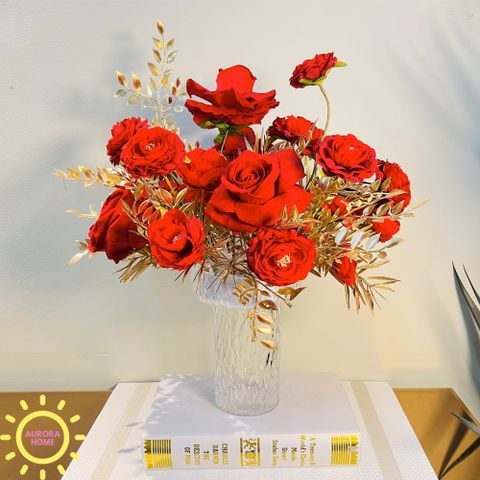 Bình hoa giả cắm sẵn hồng Rose Mary sắc đỏ