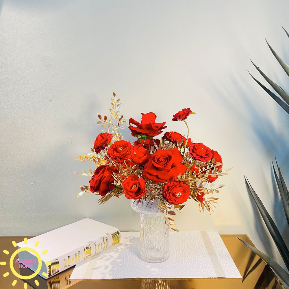 Bình hoa giả cắm sẵn hồng Rose Mary sắc đỏ