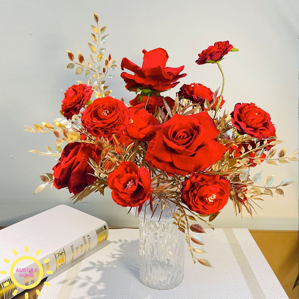 Bình hoa giả cắm sẵn hồng Rose Mary sắc đỏ