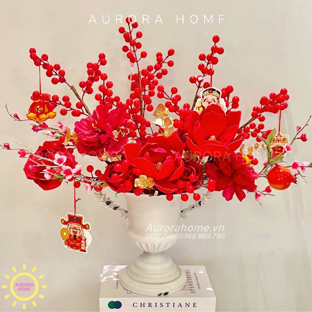 Bình hoa đông đào đỏ Lộc Xuân trang trí Tết