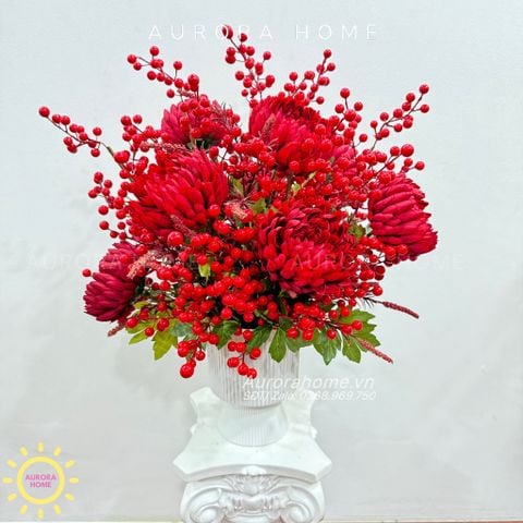 Bình hoa lụa cao cấp Sắc Xuân Đỏ trang trí tết