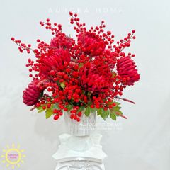 Bình hoa lụa cao cấp Sắc Xuân Đỏ trang trí tết