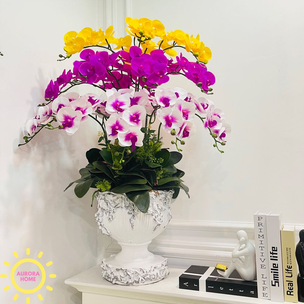 Bình hoa giả lan phú quý trang trí bàn lễ tân, bàn sảnh
