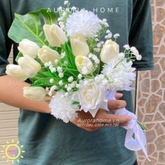 Bó hoa cưới lụa cầm tay tông trắng (Mẫu 2)