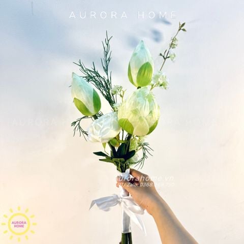 Bó hoa cưới lụa cầm tay sen trắng thuần khiết