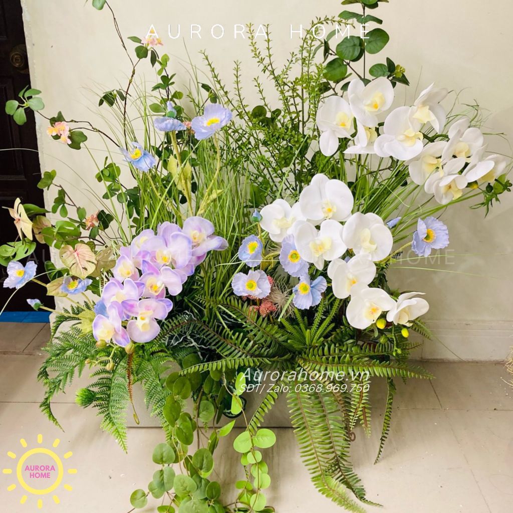 Bồn hoa giả cao cấp mix lan hồ điệp trang trí (Mẫu 10)