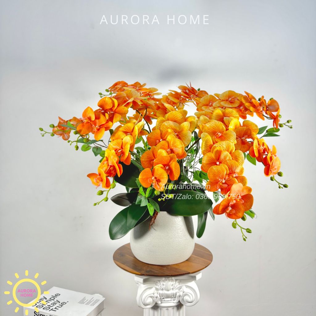 Chậu hoa lan hồ điệp giả cao cấp Mộng Nhiên tông cam rực rỡ