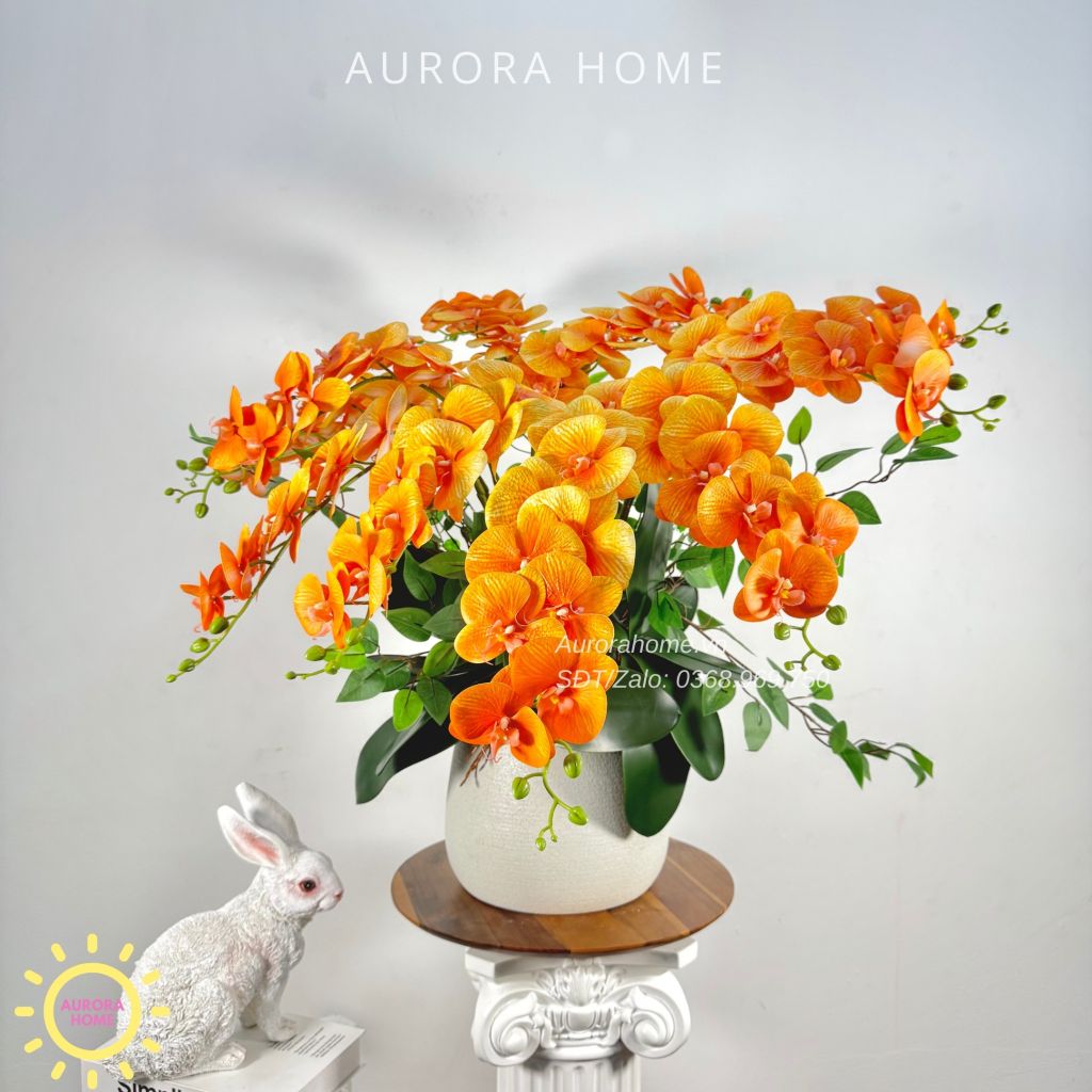 Chậu hoa lan hồ điệp giả cao cấp Mộng Nhiên tông cam rực rỡ