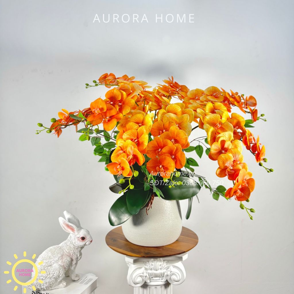 Chậu hoa lan hồ điệp giả cao cấp Mộng Nhiên tông cam rực rỡ