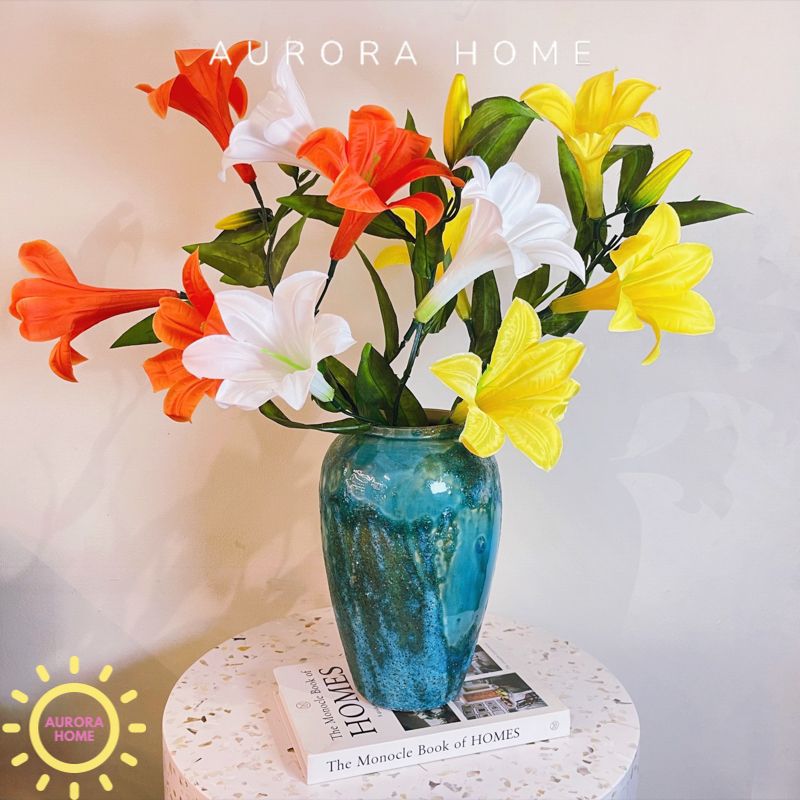 Hoa giả cao cấp Cành Hoa Ly chất vải đầy màu sắc