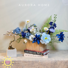 Giỏ hoa lụa mừng khai trương Blue Ivy tông xanh