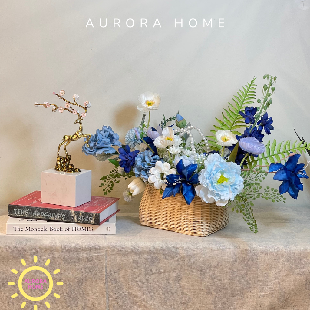 Giỏ hoa lụa mừng khai trương Blue Ivy tông xanh