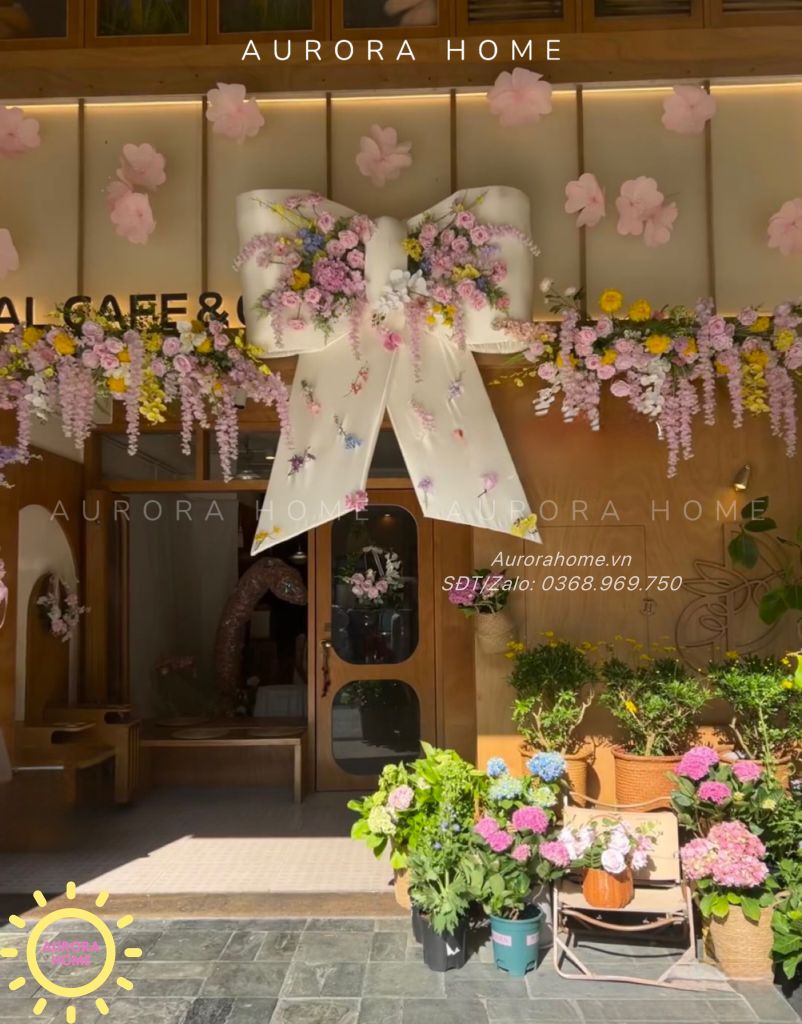 Tiểu cảnh nơ hoa trang trí quán cafe