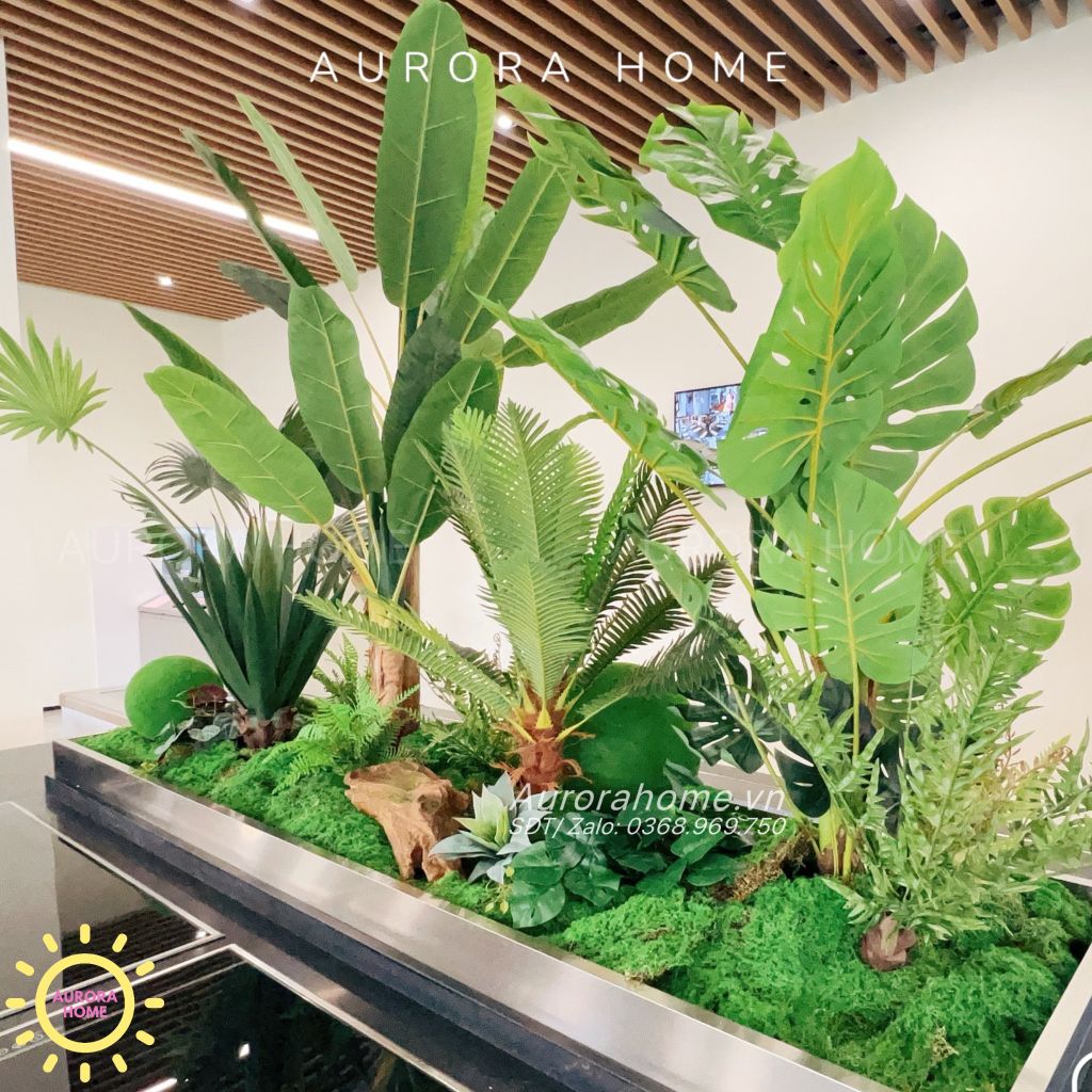 Tiểu cảnh cây giả nhiệt đới trang trí hành lang