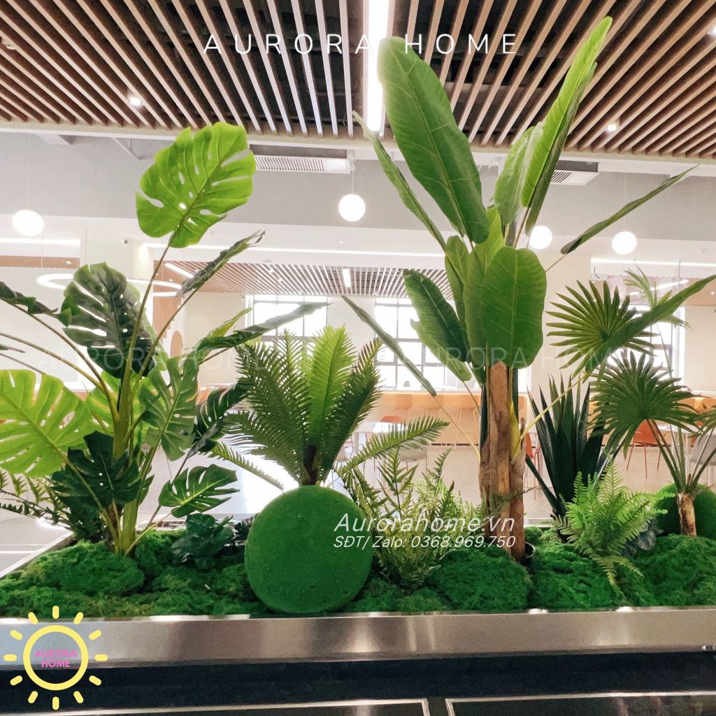 Tiểu cảnh cây giả nhiệt đới trang trí hành lang