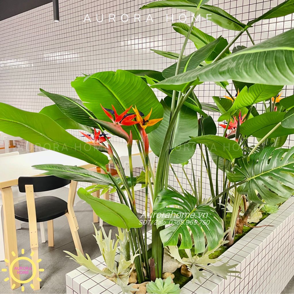 Tiểu cảnh cây chuối thiên điểu giả trang trí bếp ăn