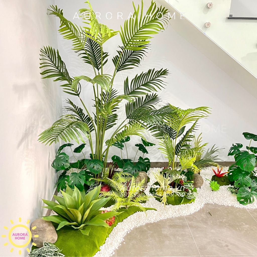 Tiểu cảnh cây cảnh giả trang trí chân cầu thang phòng khách