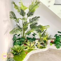 Tiểu cảnh cây cảnh giả trang trí chân cầu thang phòng khách