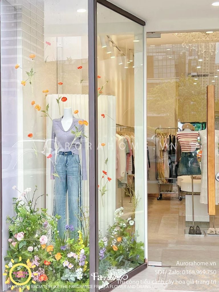 Tiểu cảnh cụm hoa anh túc giả trang trí cửa kính shop quần áo