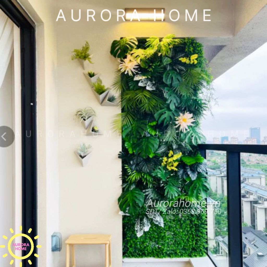 Tiểu cảnh vách tường rêu giả cột cây decor ban công