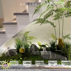 Tiểu cảnh cây giả nhiệt đới trang trí chân cầu thang