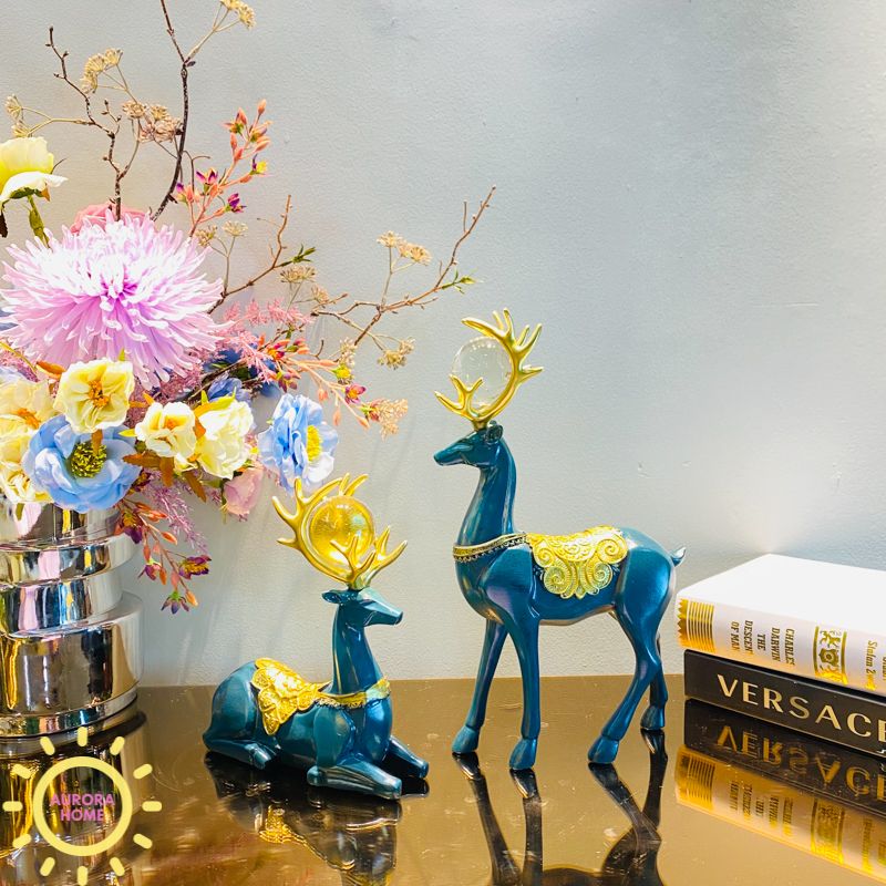 Tượng decor cặp hươu Blue Caroline đính trân châu cao cấp