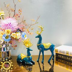 Tượng decor cặp hươu Blue Caroline đính trân châu cao cấp
