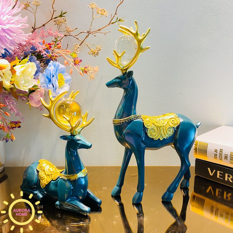 Tượng decor cặp hươu Blue Caroline đính trân châu cao cấp