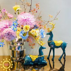 Tượng decor cặp hươu Blue Caroline đính trân châu cao cấp