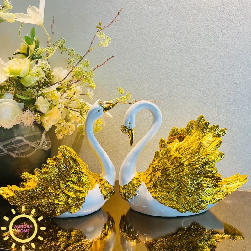 Tượng decor cặp thiên nga Elwyn ánh kim cao cấp
