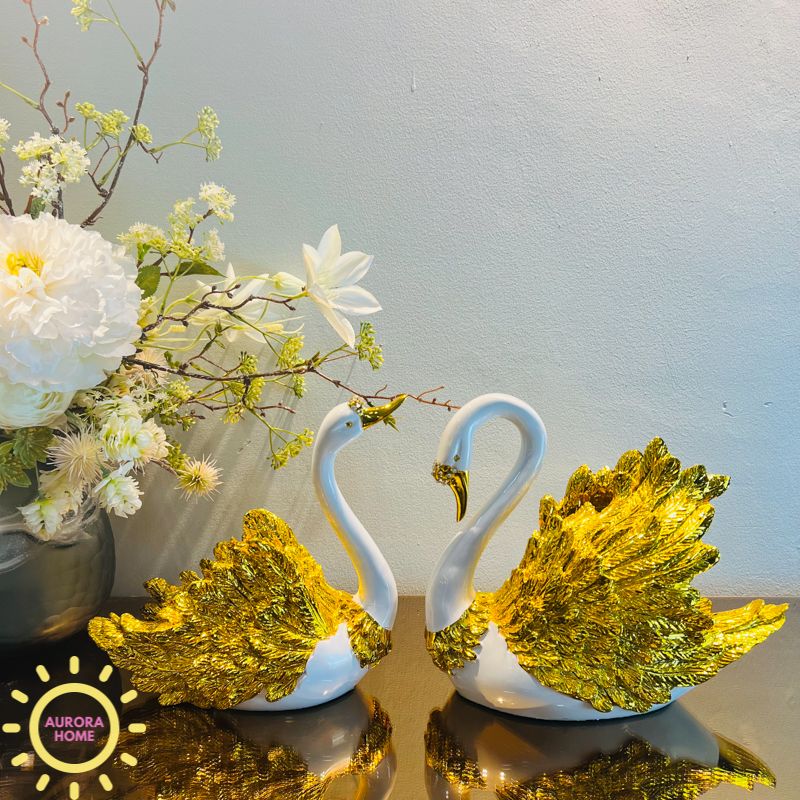 Tượng decor cặp thiên nga Elwyn ánh kim cao cấp