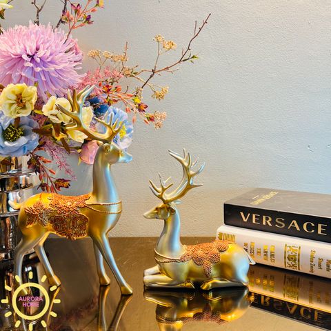 Tượng decor cặp hươu bạc ánh vàng Royal cao cấp