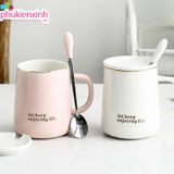  Ly Đựng Nước DL022 – Ly gốm kèm nắp & muỗng, tone Hồng Trắng sang xinh 