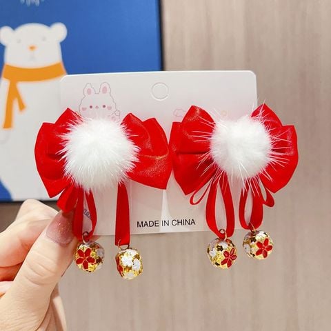  Kẹp Nơ KN02 – Nơ Phồng Lông Mịn, Chuông Trang Trí – 2 Màu Đỏ/Hồng – Phụ Kiện Tóc Bé Gái Dễ Thương 
