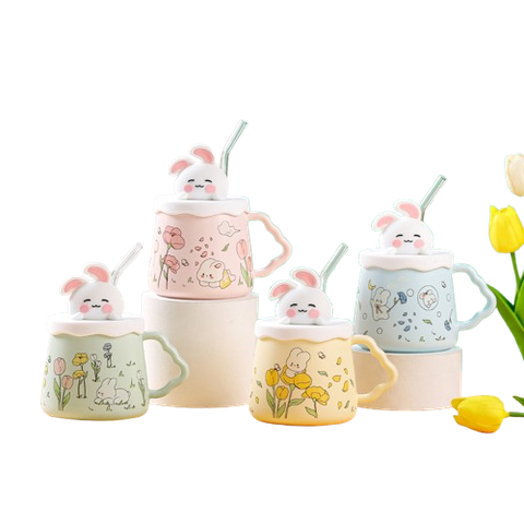  Ly Đựng Nước DL002 – Kèm Nắp & Ống Hút Hình Thỏ Siêu Dễ Thương 