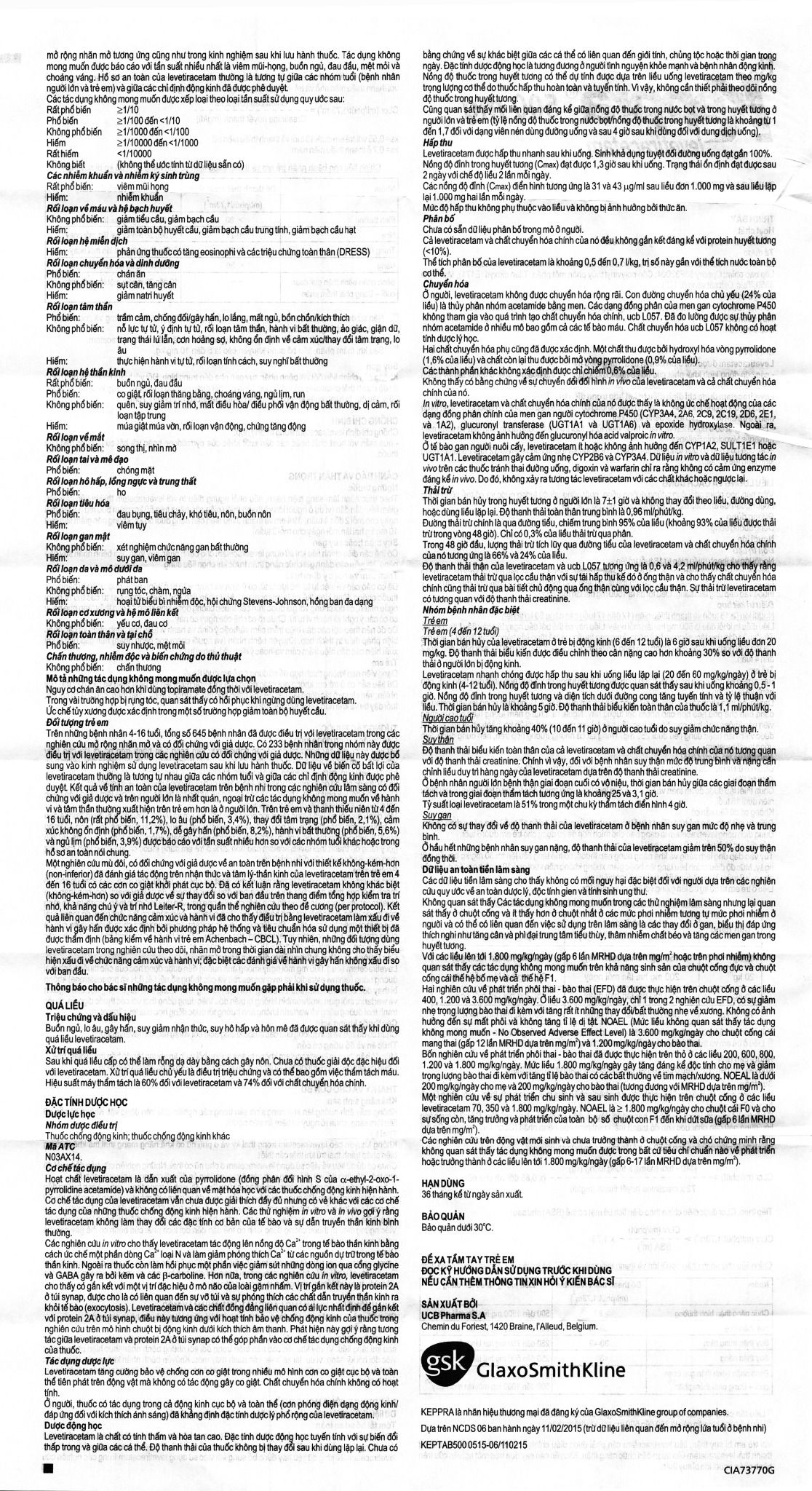 Keppra 500mg Điều trị các cơn động kinh cục bộ (Hộp 6 vỉ x 10 viên