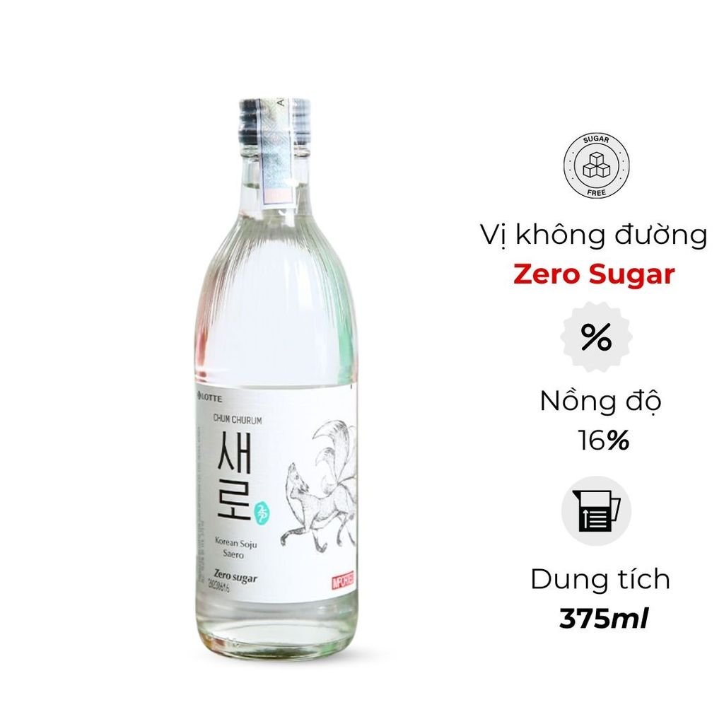  Rượu Soju Hàn Quốc Saero Chum Churum không đường Zero sugar Lotte 16% 375ml 