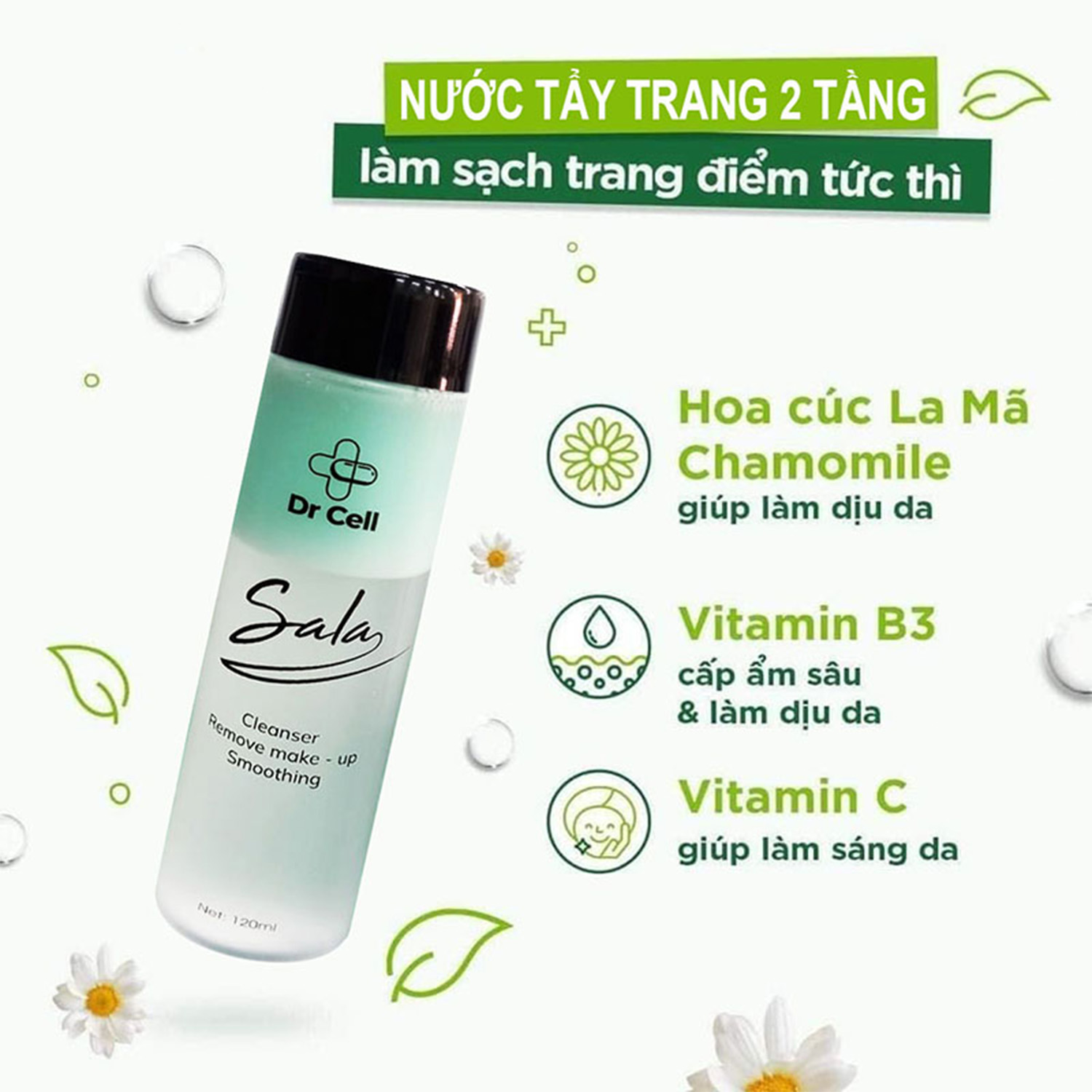 Tẩy trang 2 tầng Sala Dr Cell - làm sạch, loại bỏ độc tố trên da, điều trị  mụn 120ml Chính HãngTẩy trang 2 tầng Sala Dr Cell - làm sạch, loại