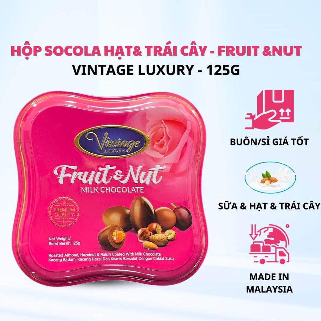  Hộp Socola Sữa Hạt và Trái cây Fruit and Nut Vintage Luxury 125g Hồng 