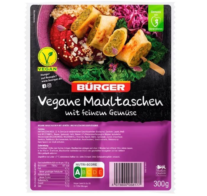  DE Bürger Vegane Maultaschen mit feinem Gemüse - Vegan Swabian pockets 300g - Hoành thánh vùng Swabia (thuần chay) 