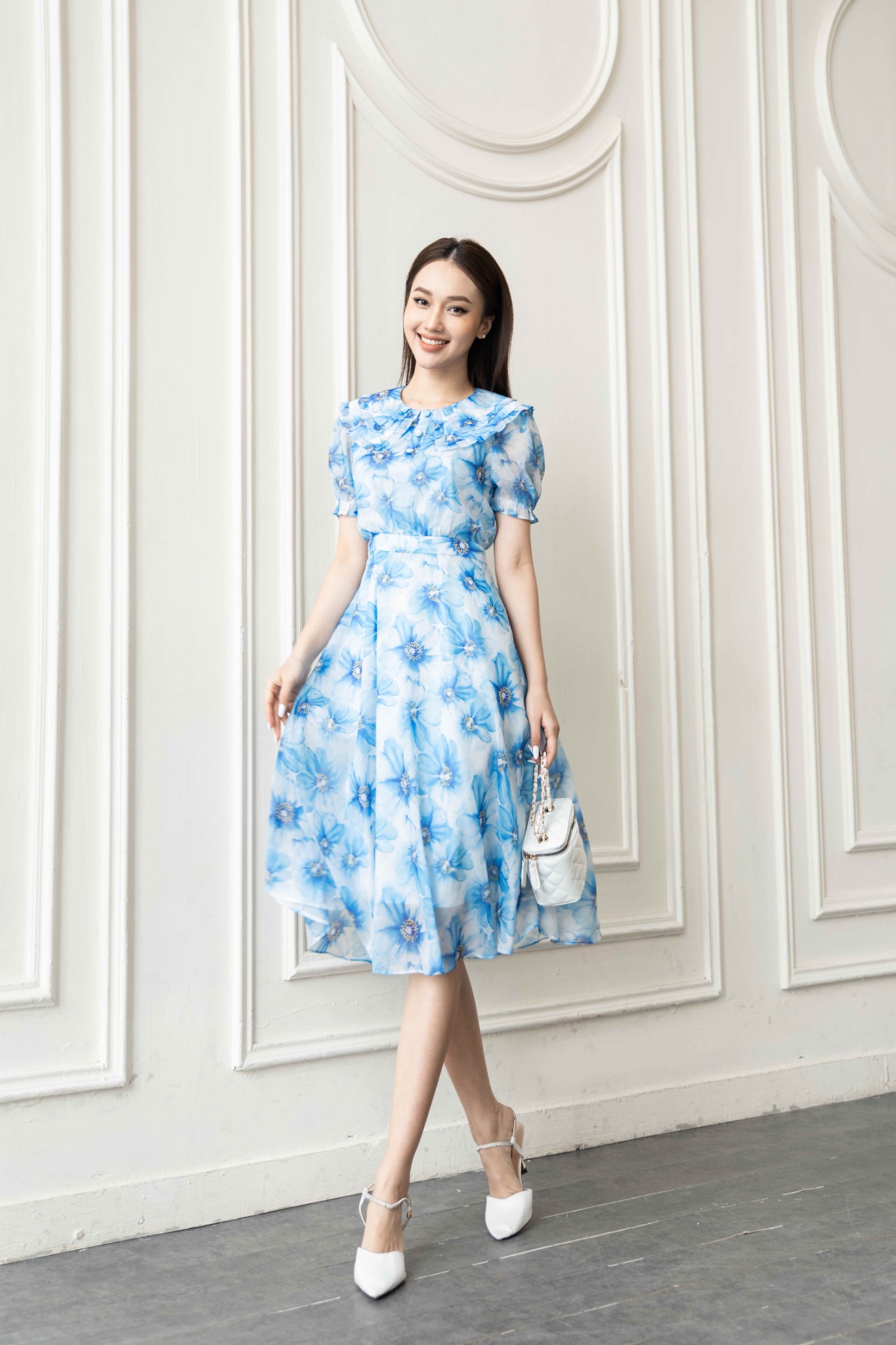 Đầm voan xanh hoa trắng cột dây eo  Thời Trang LLis