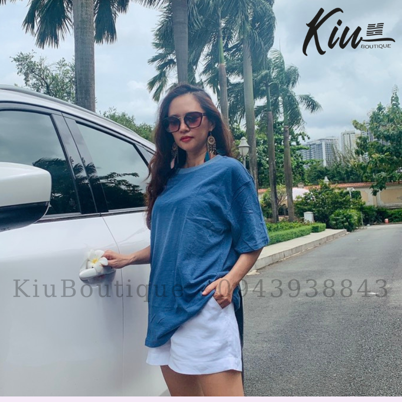 Áo thun tron thể thao form rộng tay lỡ cổ tròn  2 chiều - Xanh dương