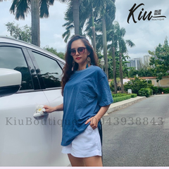 Áo thun tron thể thao form rộng tay lỡ cổ tròn  2 chiều - Xanh dương