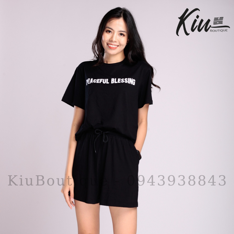 Đồ Bộ Nữ Mặc Nhà Set Thể Thao Nữ Cộc Tay Cổ Tròn Chất Thun Cotton 4 Chiều In Chữ Blessing