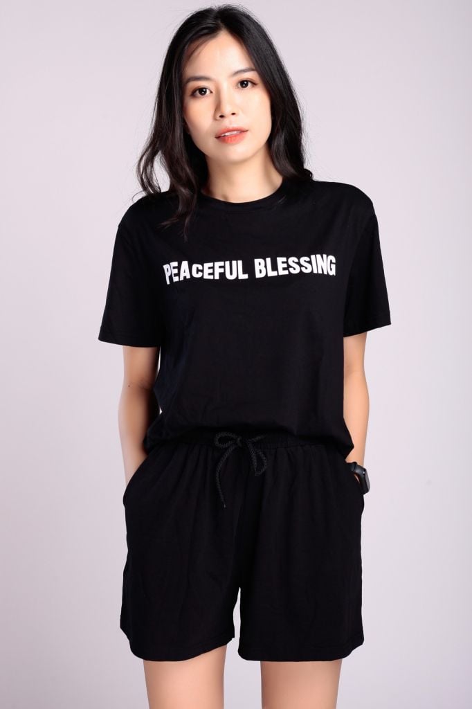 Đồ Bộ Nữ Mặc Nhà Set Thể Thao Nữ Cộc Tay Cổ Tròn Chất Thun Cotton 4 Chiều In Chữ Blessing
