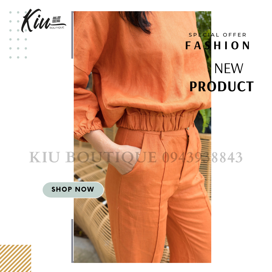 Set Áo Rớt Vai Quần Dài Cam Đất Linen Tưng (Lanh) Thời Trang KiuBoutique