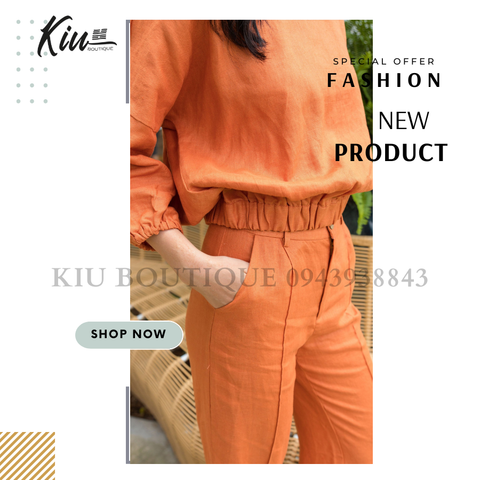 Set Áo Rớt Vai Quần Dài Cam Đất Linen Tưng (Lanh) Thời Trang KiuBoutique