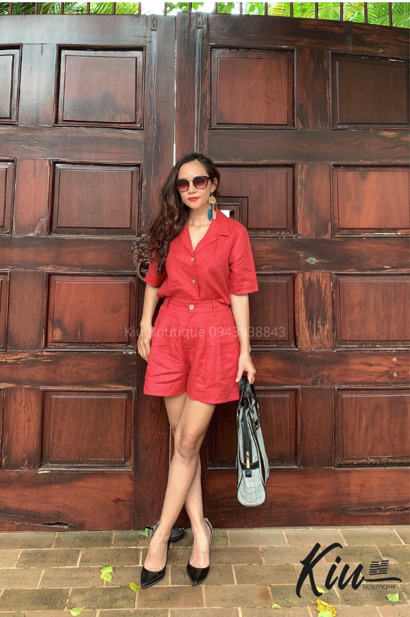 Set Short Áo Cổ Danton (Đỏ)  Linen Tưng (Lanh) Thời Trang KiuBoutique